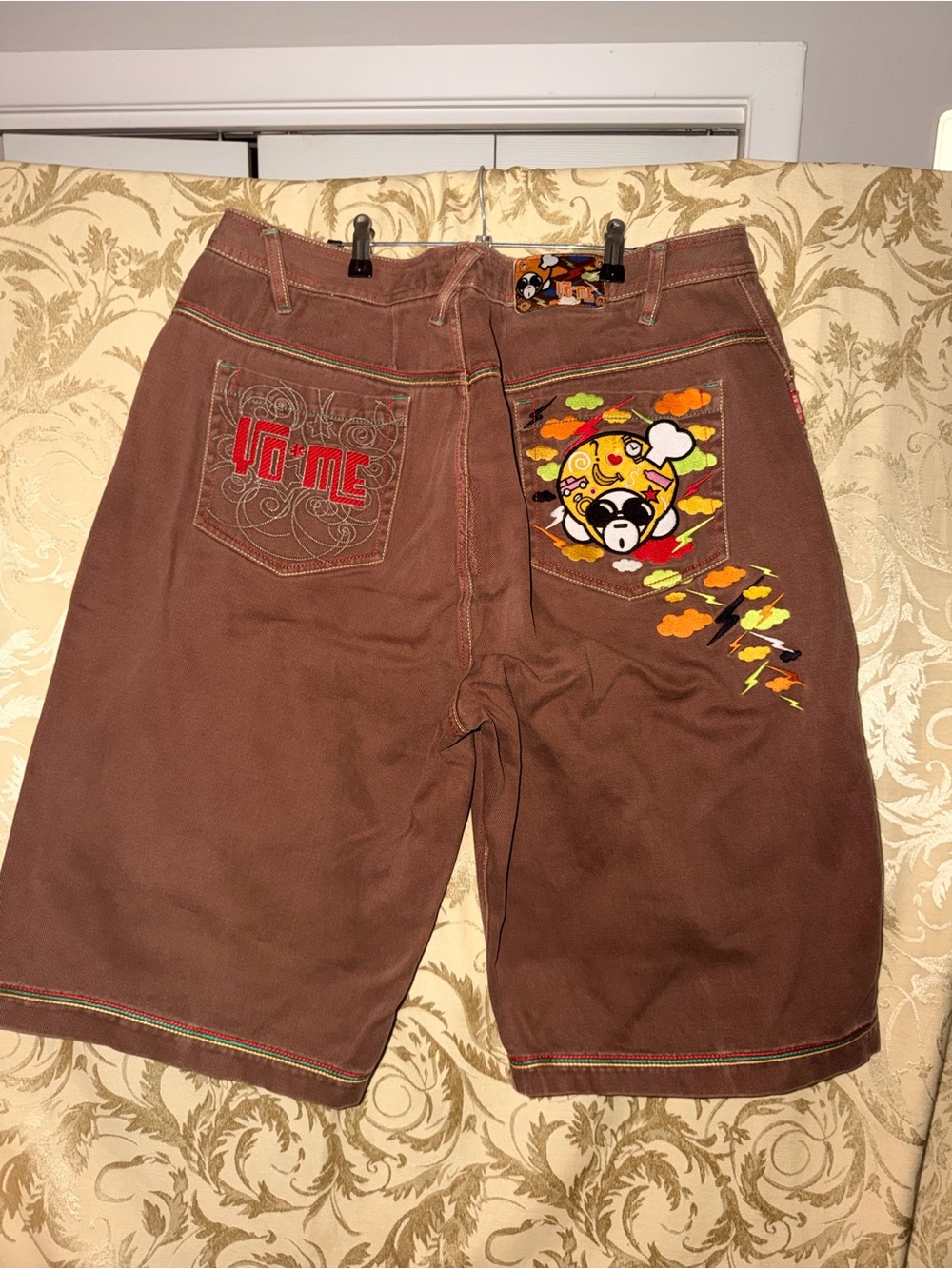 Men's Brown Graphic Flat Front Shorts with Embroidered Back Pockets